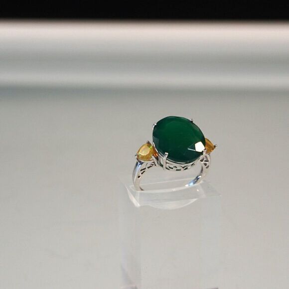 Jadeite w Yellow Tourmaline Gemstone Cocktail Ring Sterling Silver Signed Sz 9 - Picture 2 of 13